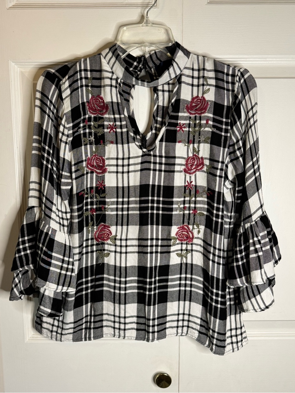 Blue Rain Black & White Plaid Rose Embroidered Keyhole Blouse